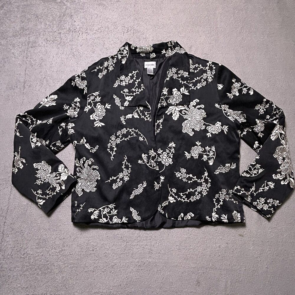 Chico's Embroidered Silk Blend Jacket Womens 3 Black Floral Chinoiserie